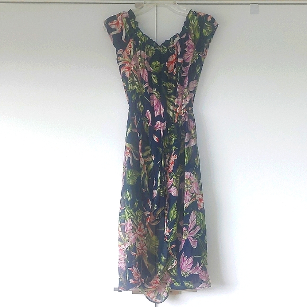 Hi-low Floral Off The Shoulder Dress With Built In Shorts - Picture 2 of 5